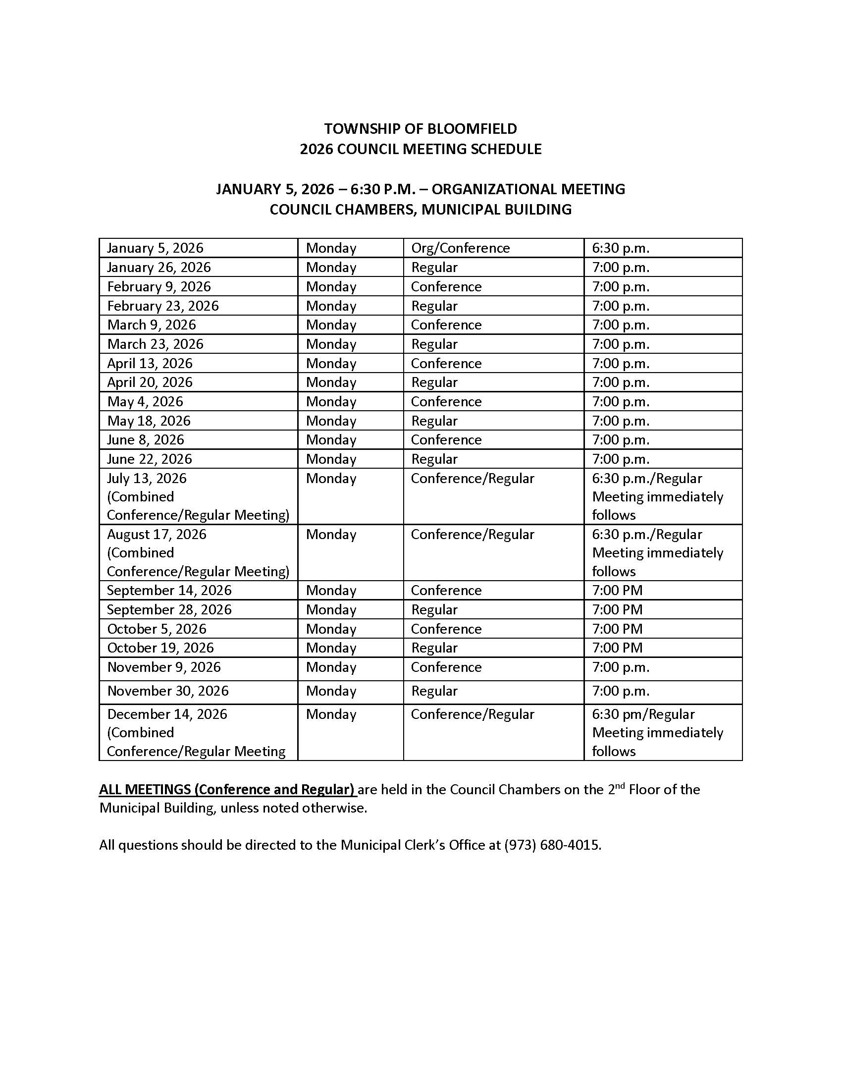 2026 Council Meeting Schedule