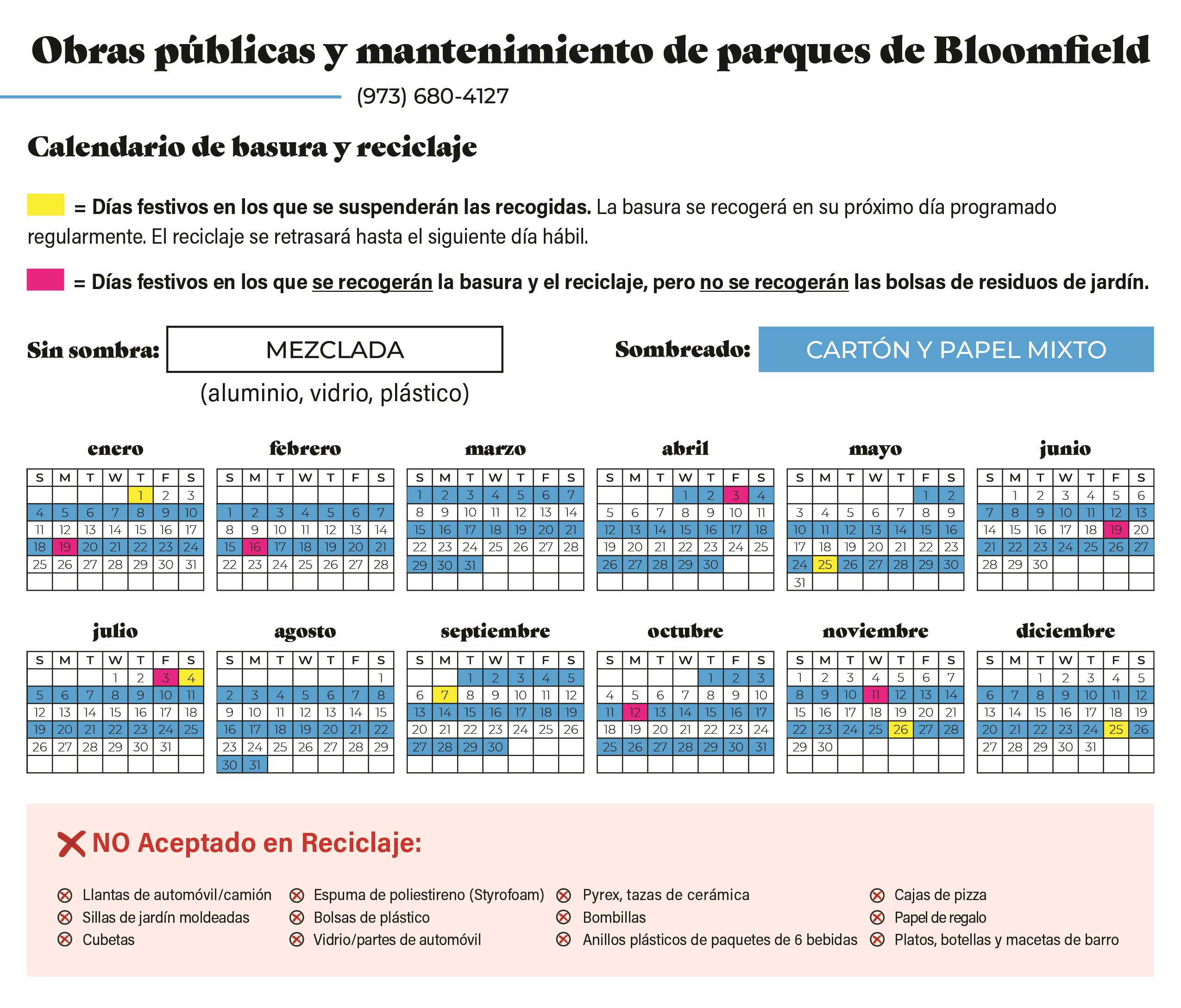 Bloomfield Recycle Calendar - 12 months_Spanish